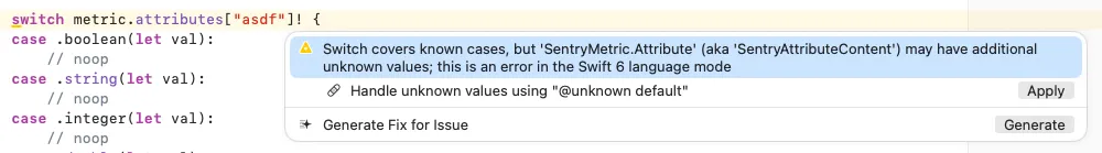 Swift 5 warning for unknown cases