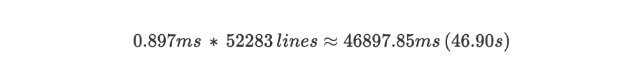 Multiplying the average render time per line by the total number of lines, equalling 46.90s