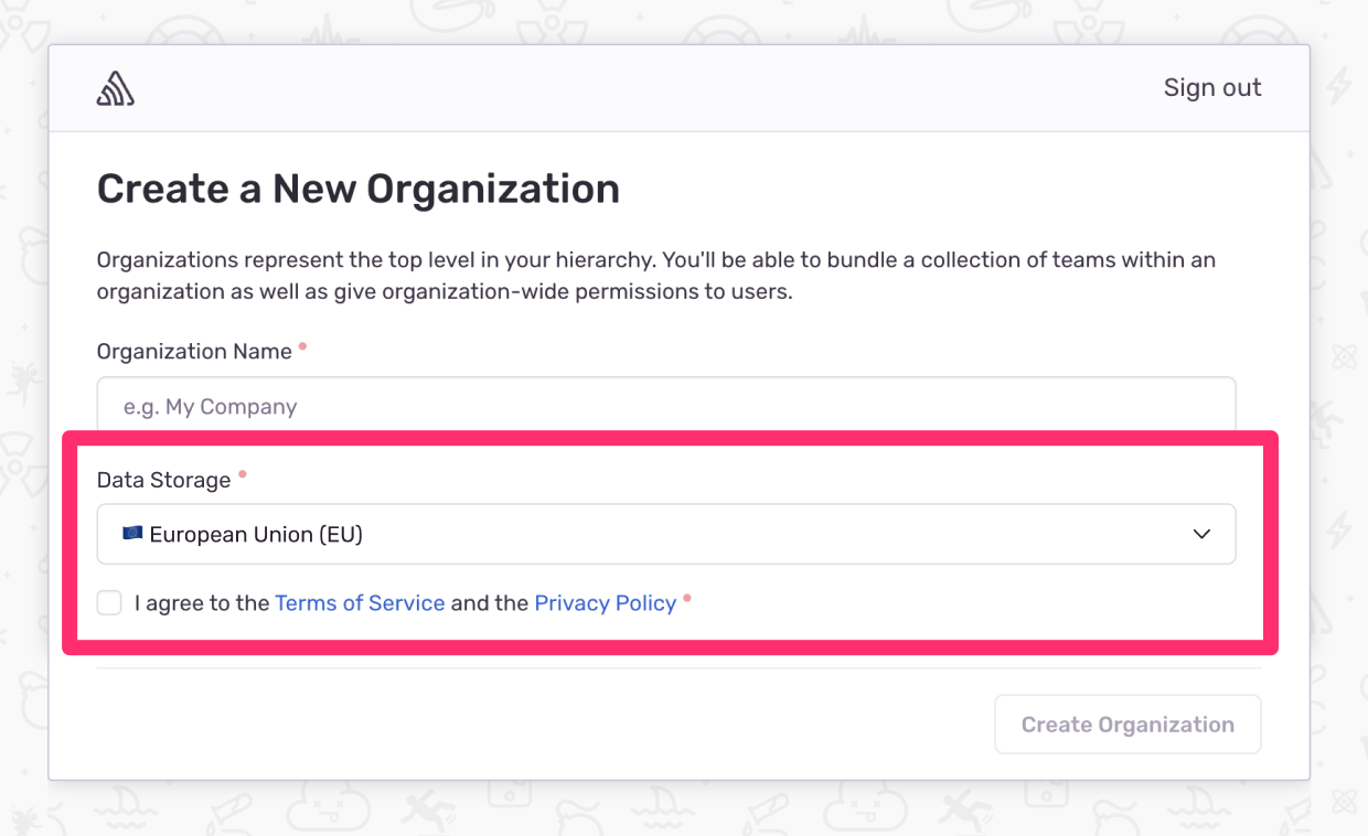 The $3M dropdown in the Sentry organization creation flow that sets where your customer data is stored
