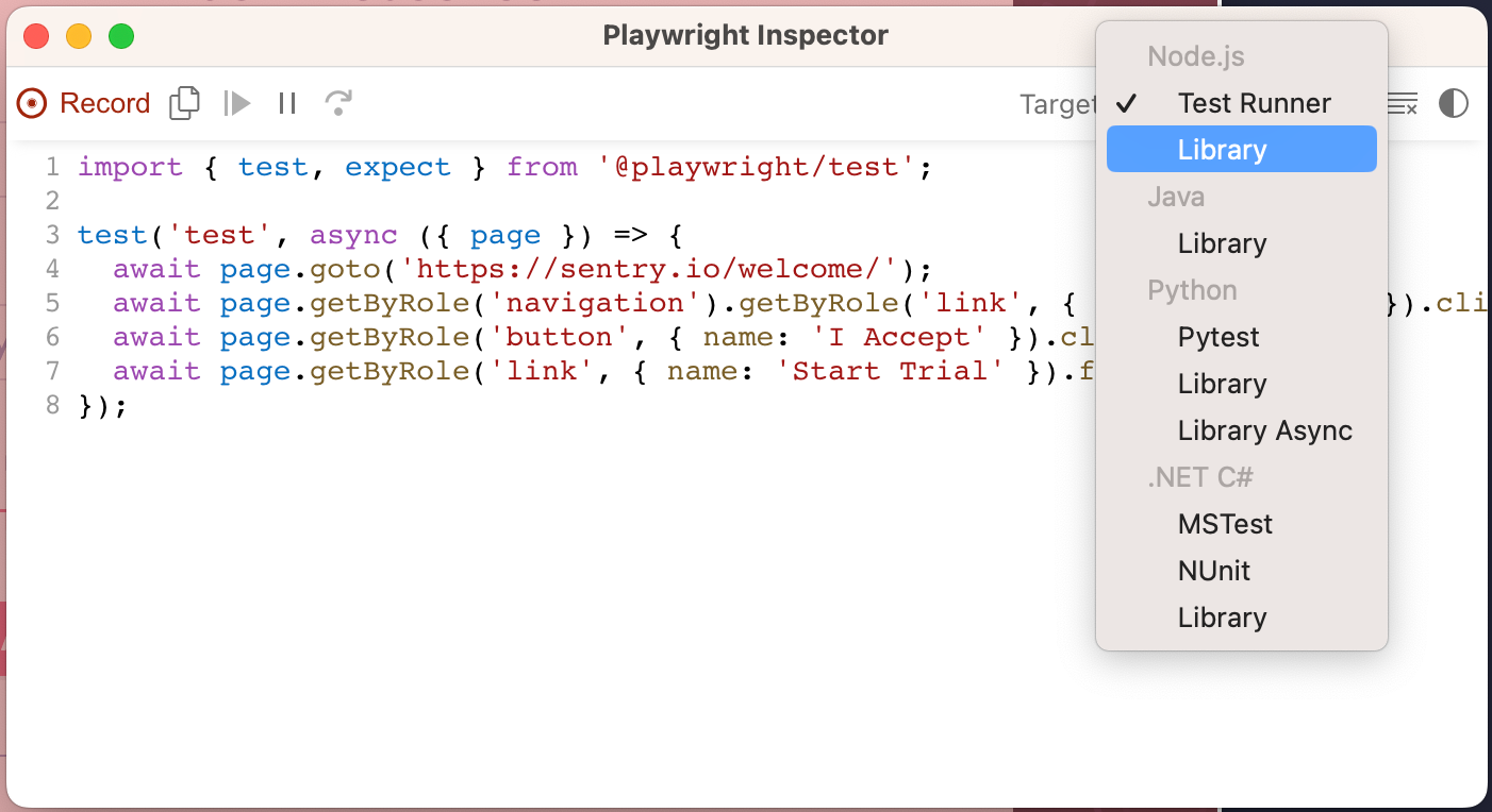 In the Playwright Inspector window, change “Target” from Node.js “Test Runner” to “Library”